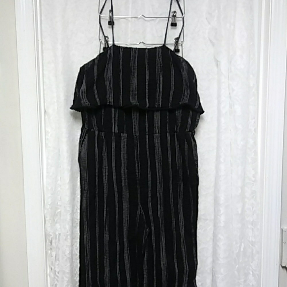 Black Striped Jumpsuit Boho Festival Gauze Pockets Wide Leg Vacation Resort
